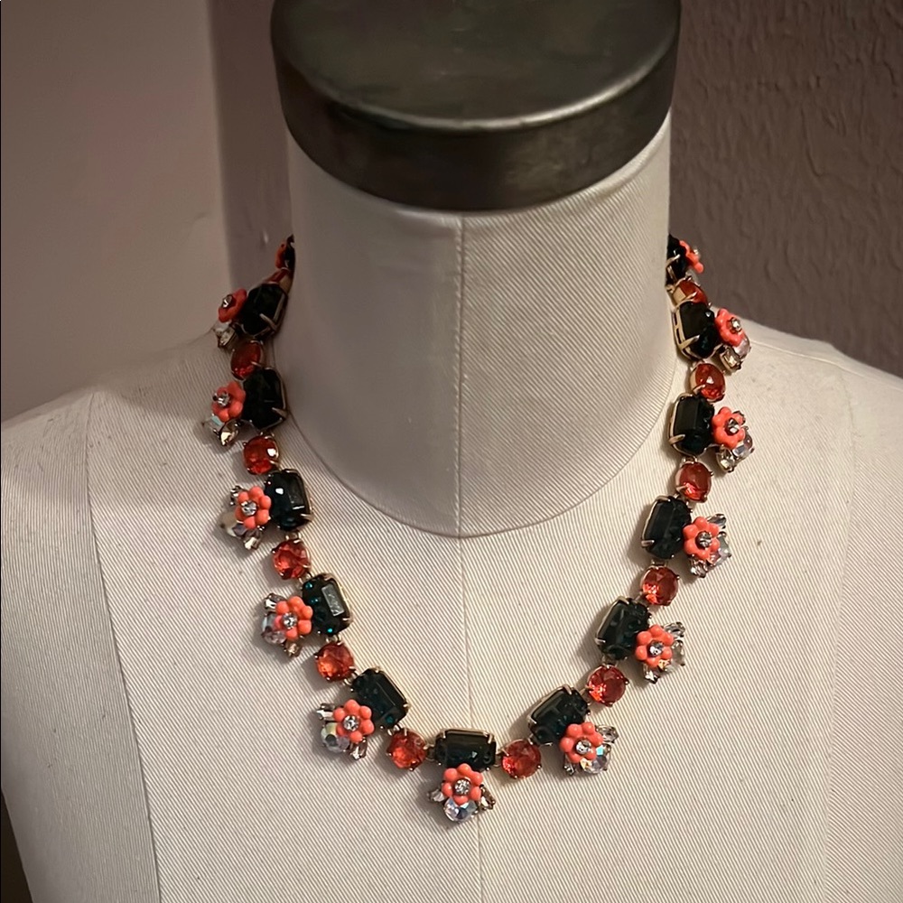 J. Crew Green and Coral Floral Necklace
